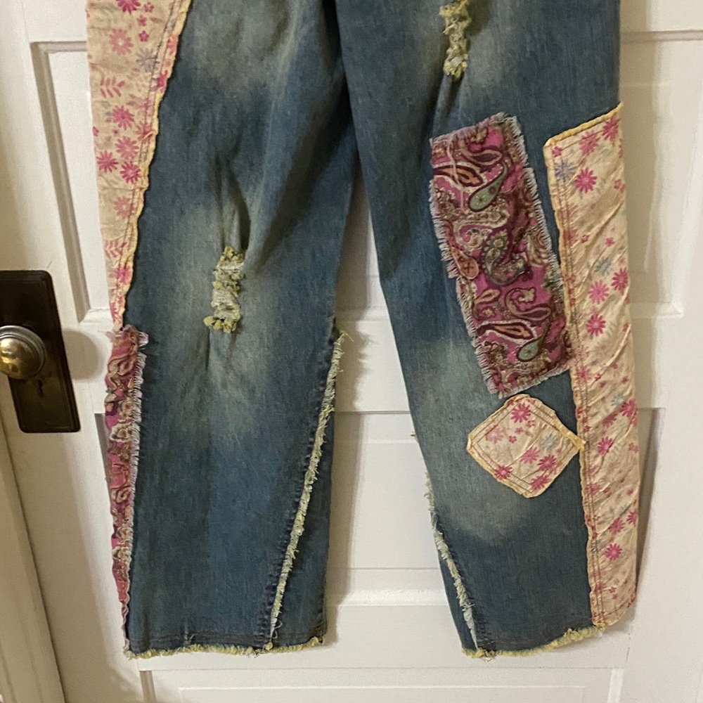 NWT Boho Patchwork Wide Leg Jeans | Floral Plaid Mixed Media Denim - Picture 7 of 9